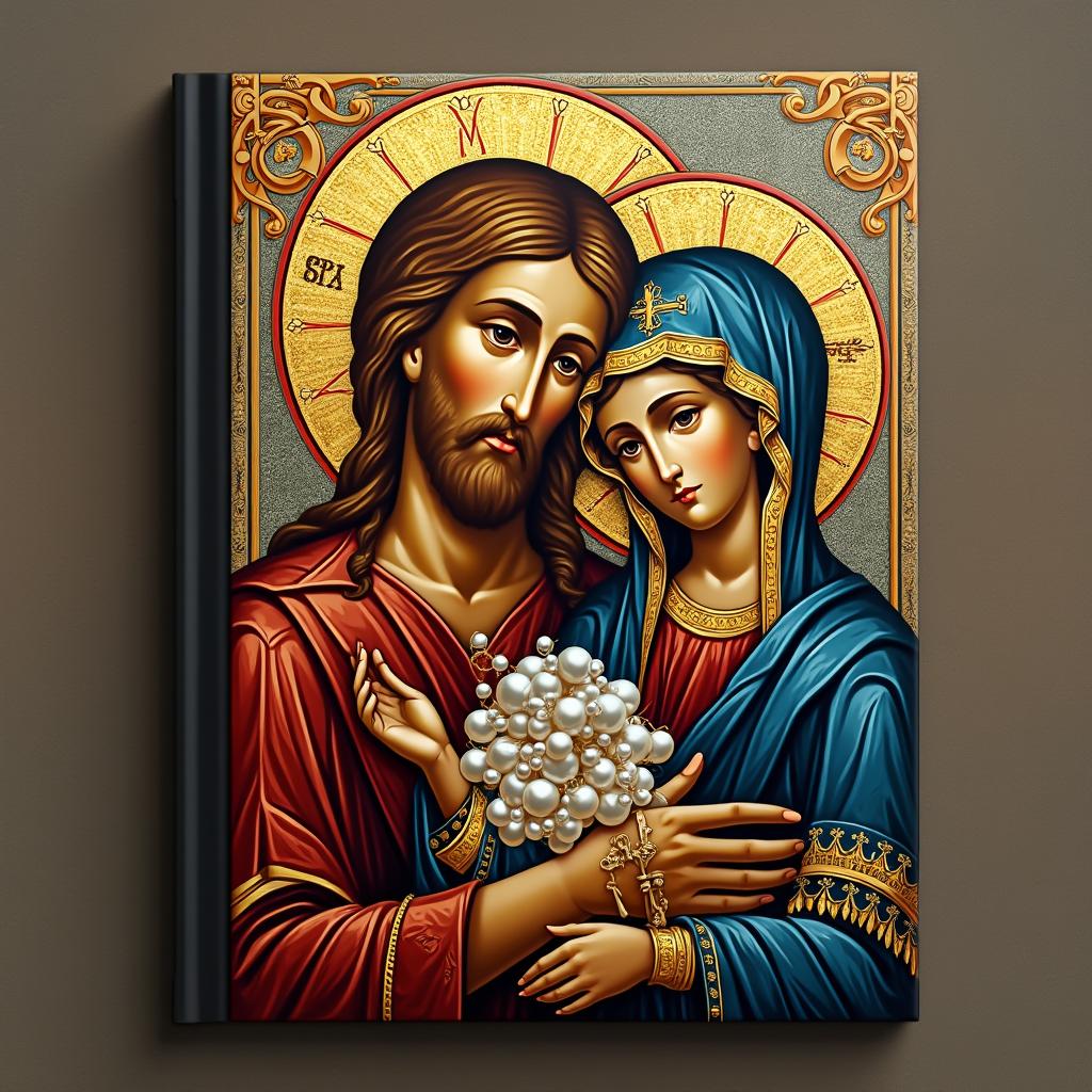 A book cover design featuring an icon of Christ and the Virgin Mary, beautifully rendered with intricate details