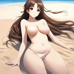 A high-quality digital art image depicts an alluring anime-style girl with rich brown hair on a sandy beach