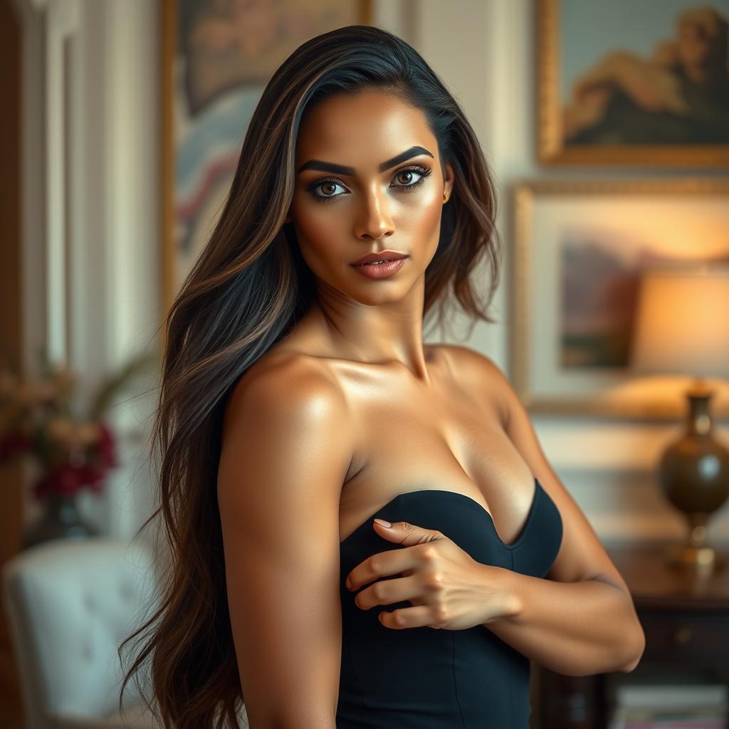 A confident woman standing in an elegant indoor setting, showcasing her natural beauty with long flowing hair and striking features