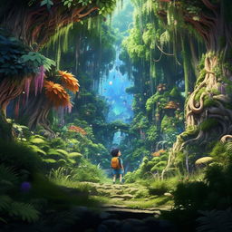 A cheerful anime kid adventurously exploring a vibrant anime-style forest with lush foliage and exotic magical fauna.