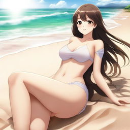 A high-quality digital art image depicts an alluring anime-style girl with rich brown hair on a sandy beach