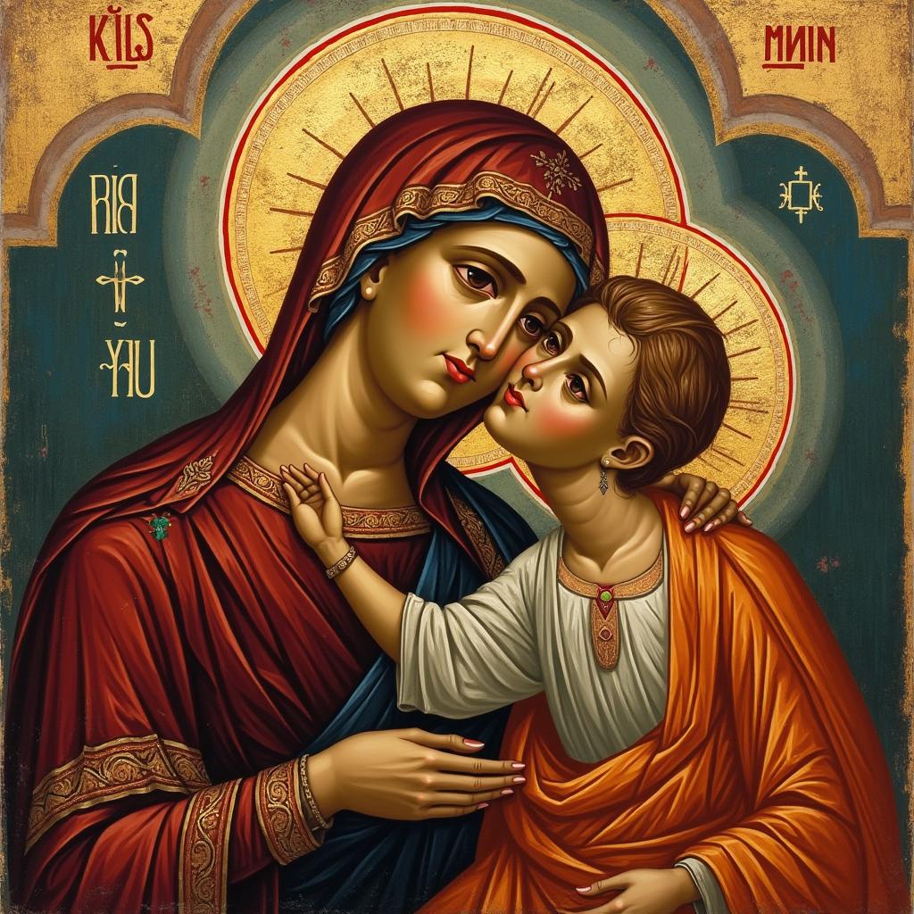 An Orthodox icon of the affectionate kiss, known as the 'Kissing Christ and the Virgin Mary' icon