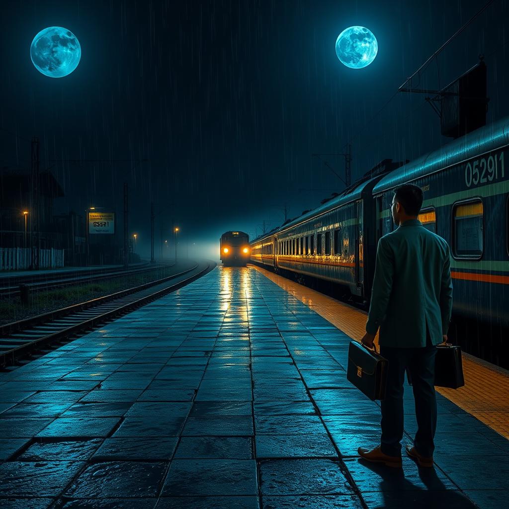 On a dark, rainy midnight, with the moon high up in a pitch-black sky casting an eerie blue glow, depicting a desolate Kolkata local train station completely empty