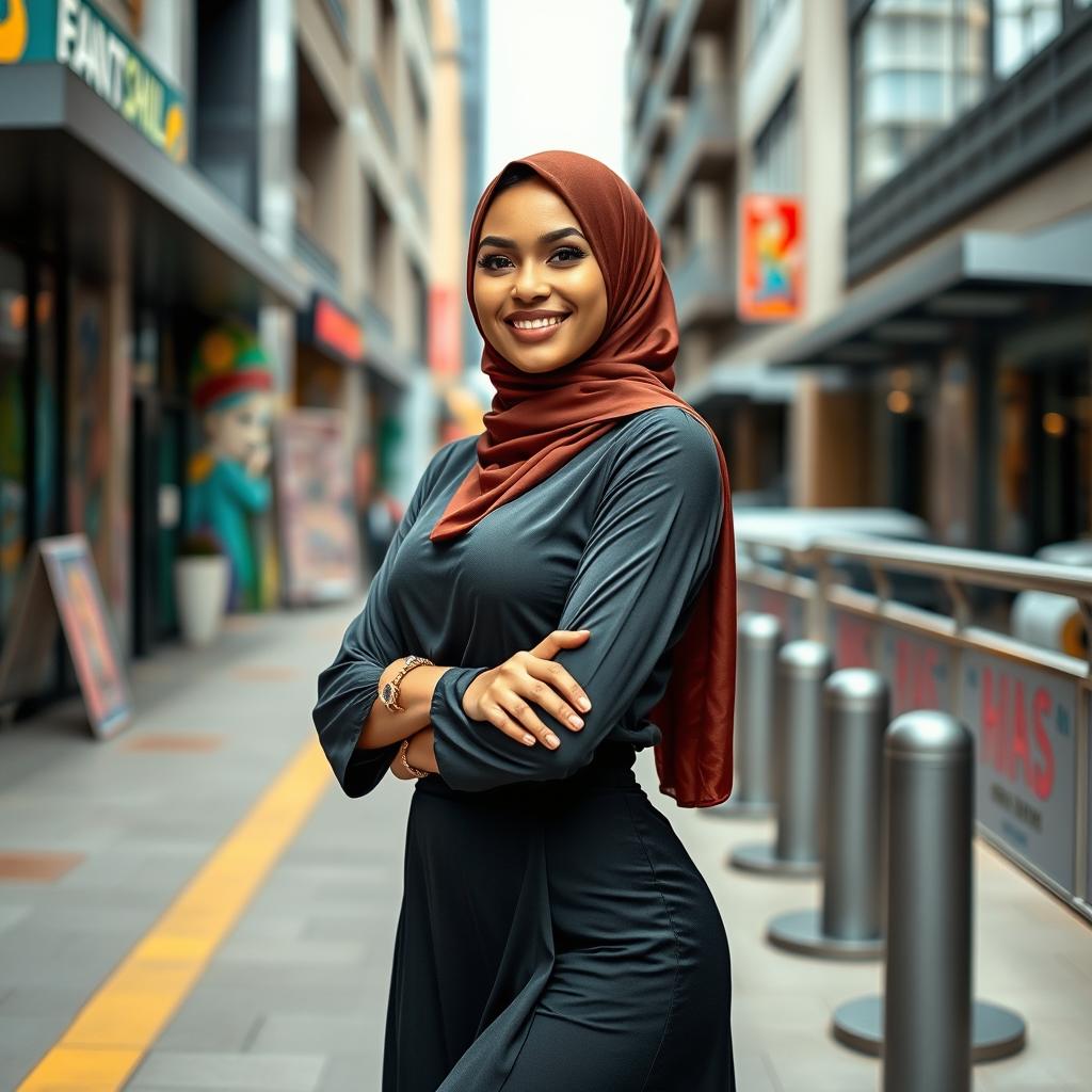 A fashionable woman wearing a stylish hijab and a form-fitting outfit that accentuates her curves, posing confidently against an urban backdrop