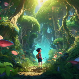 A cheerful anime kid adventurously exploring a vibrant anime-style forest with lush foliage and exotic magical fauna.