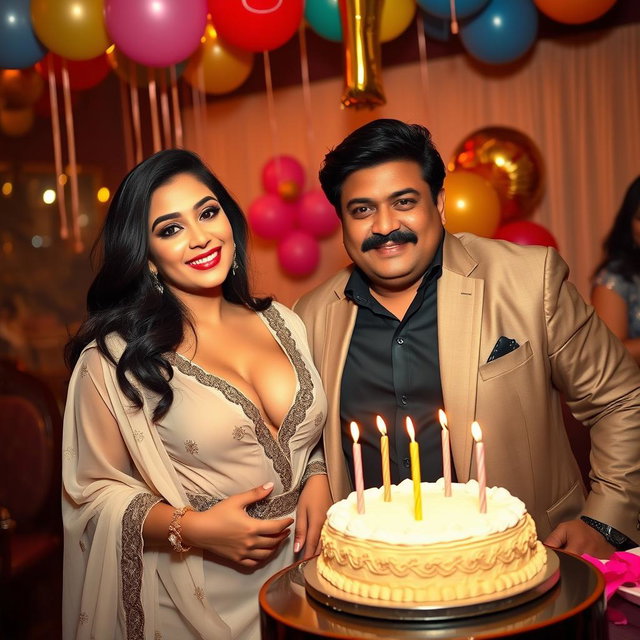 An appealing Indian model with curvy features, confidently displaying her big boobs and cleavage in an elegant outfit
