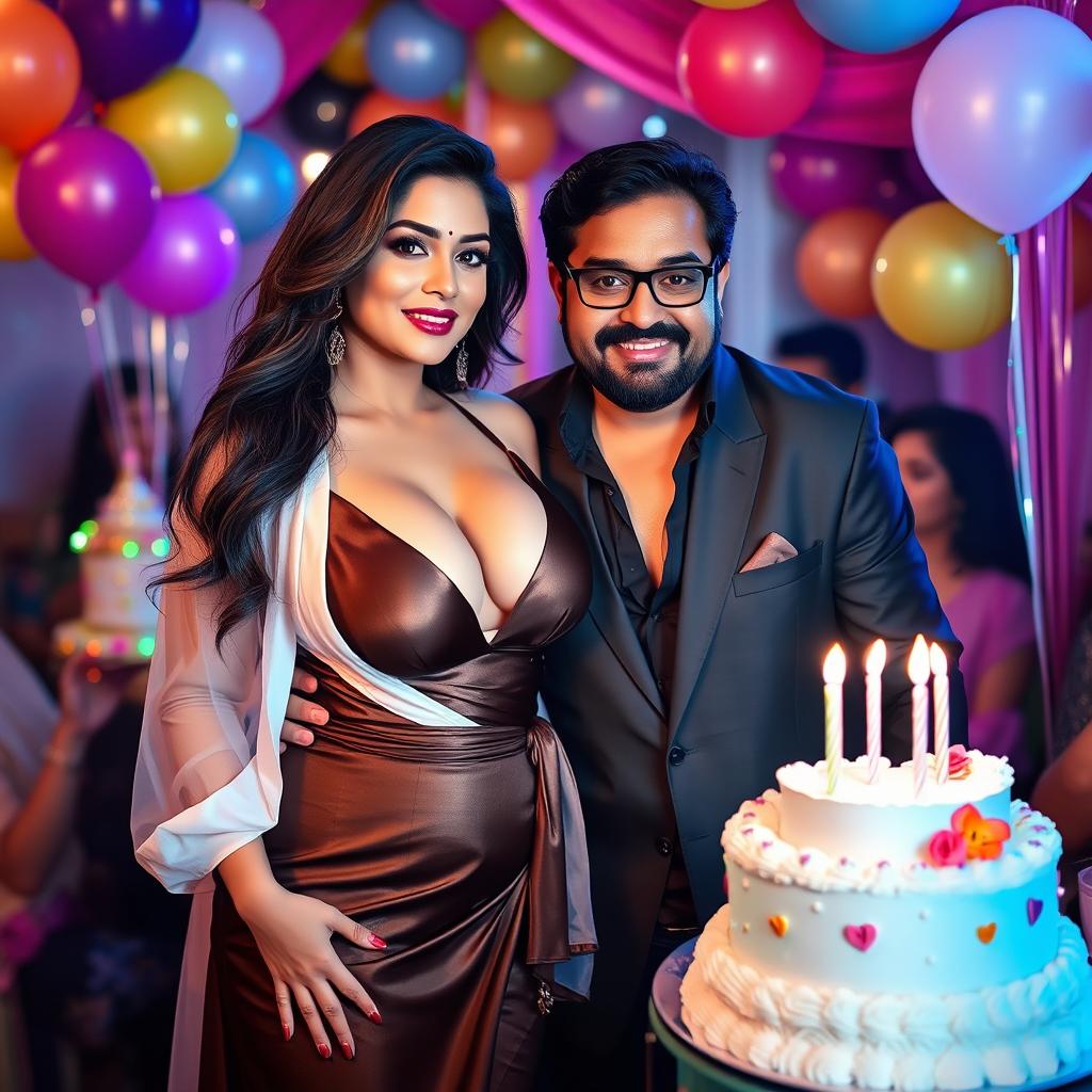 An appealing Indian model with curvy features, confidently displaying her big boobs and cleavage in an elegant outfit