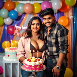 A stunning Indian model with curvy features and big breasts, confidently showcasing her big boobs and cleavage in a trendy outfit