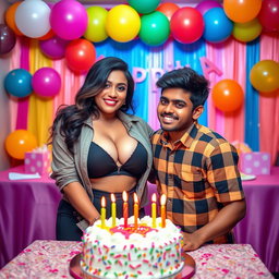 A stunning Indian model with curvy features and big breasts, confidently showcasing her big boobs and cleavage in a trendy outfit