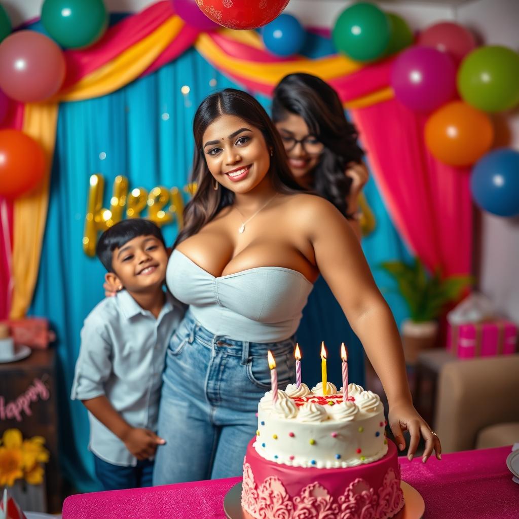 A stunning Indian model with curvy features and big breasts, confidently showcasing her big boobs and cleavage in a trendy outfit
