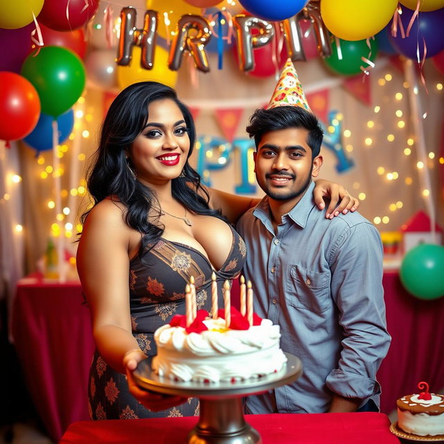 A beautiful Indian model with curvy features and big breasts, confidently showcasing her big boobs and cleavage in a stylish outfit