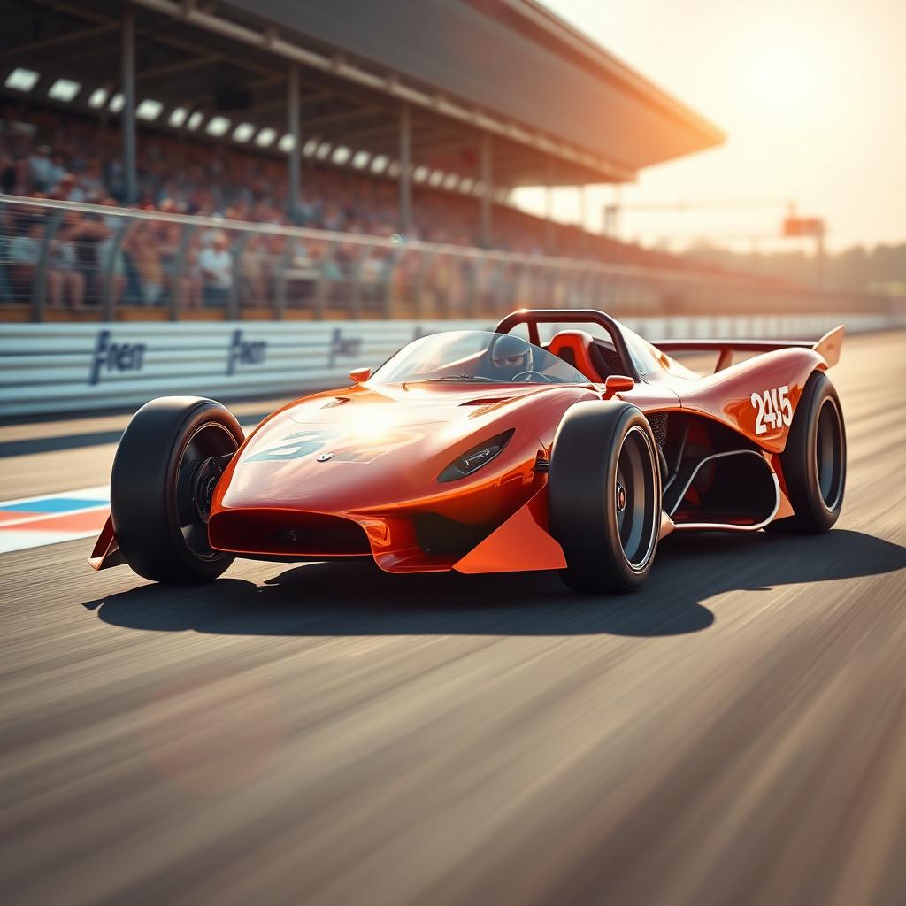 A sleek racing car featuring exposed wheels and an open cockpit design, emphasizing the aerodynamic shape and vibrant colors of the car