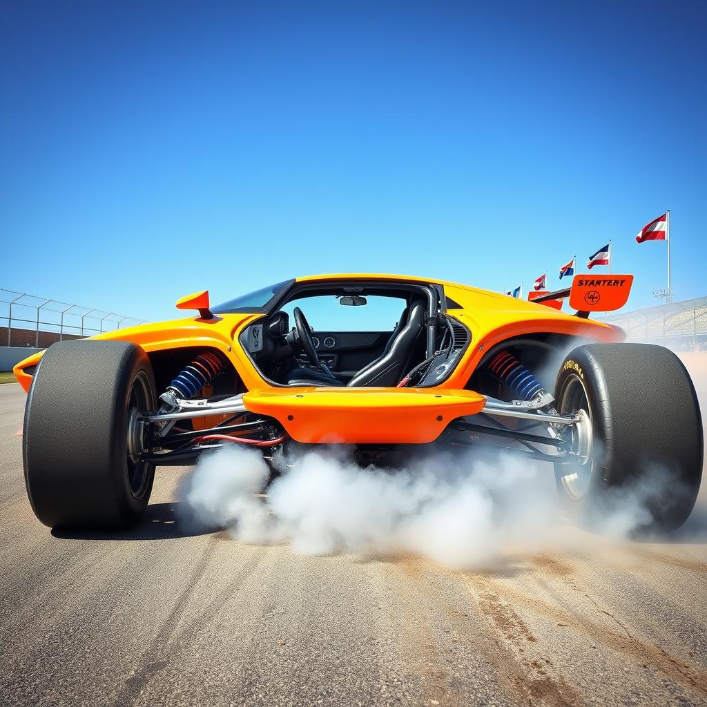 A powerful racing car featuring exposed wheels and an open cockpit design, showcasing its sleek lines and competitive spirit