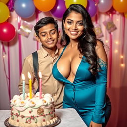 A gorgeous Indian model with curvy features and big breasts, confidently showcasing her big boobs and cleavage in a stylish, eye-catching outfit