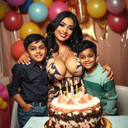 A gorgeous Indian model with curvy features and big breasts, confidently showcasing her big boobs and cleavage in a stylish, eye-catching outfit
