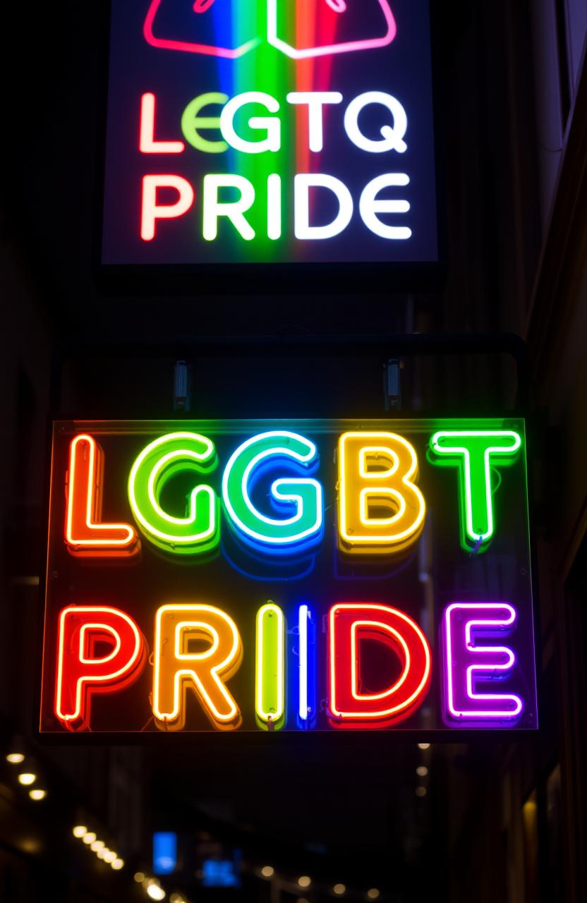 A vibrant neon sign displaying the name 'LGBTQ Pride' in colorful, glowing letters