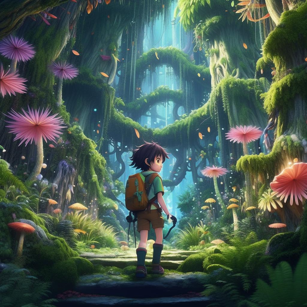 A cheerful anime kid adventurously exploring a vibrant anime-style forest with lush foliage and exotic magical fauna.