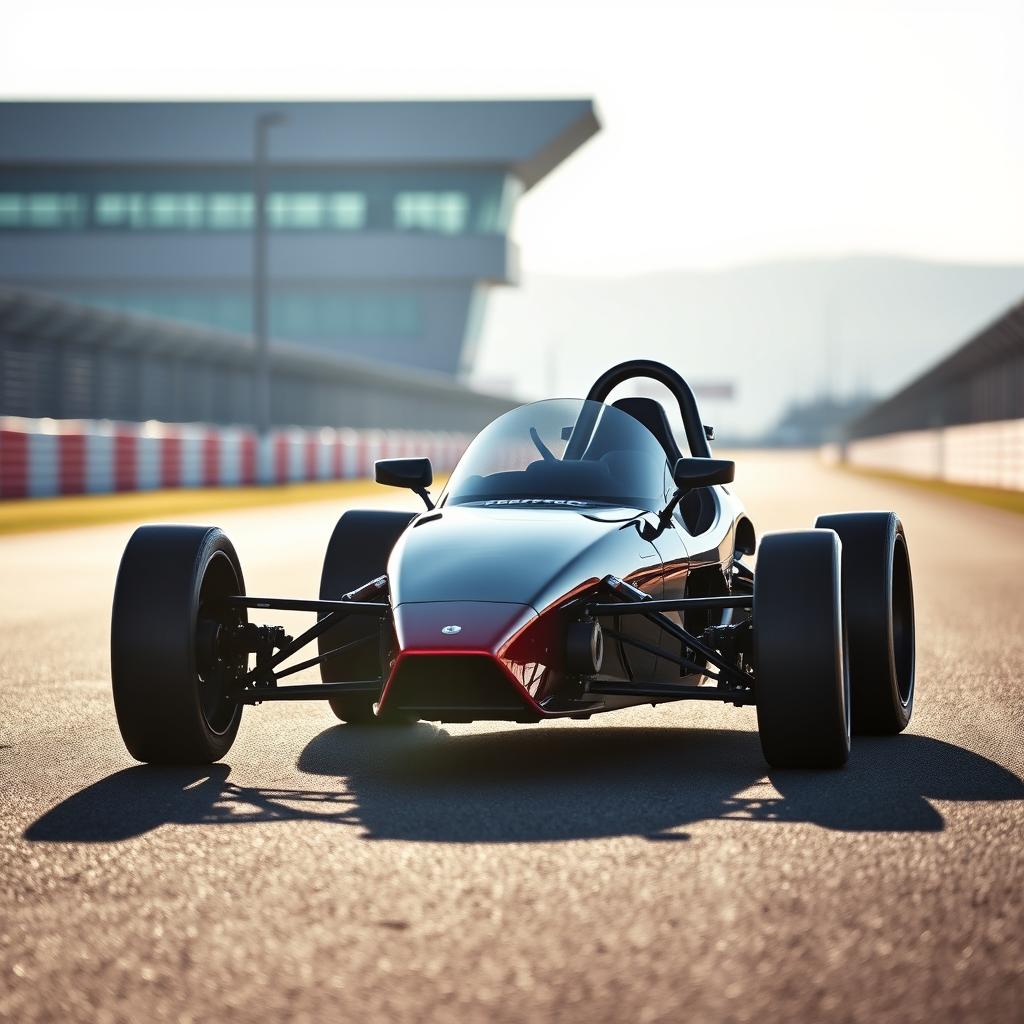 A realistic photography image of a compact, open-wheel, single-seater racing car inspired by the BAC Mono design, showcasing its distinctive open wheels and aerodynamic form
