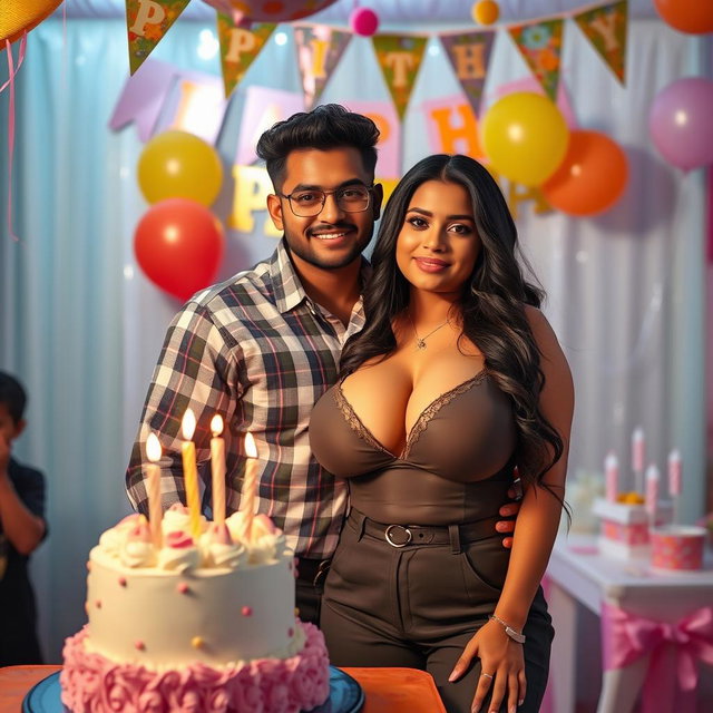 A captivating Indian model with a curvy figure and big breasts, confidently showcasing her big boobs and cleavage in a fashionable outfit