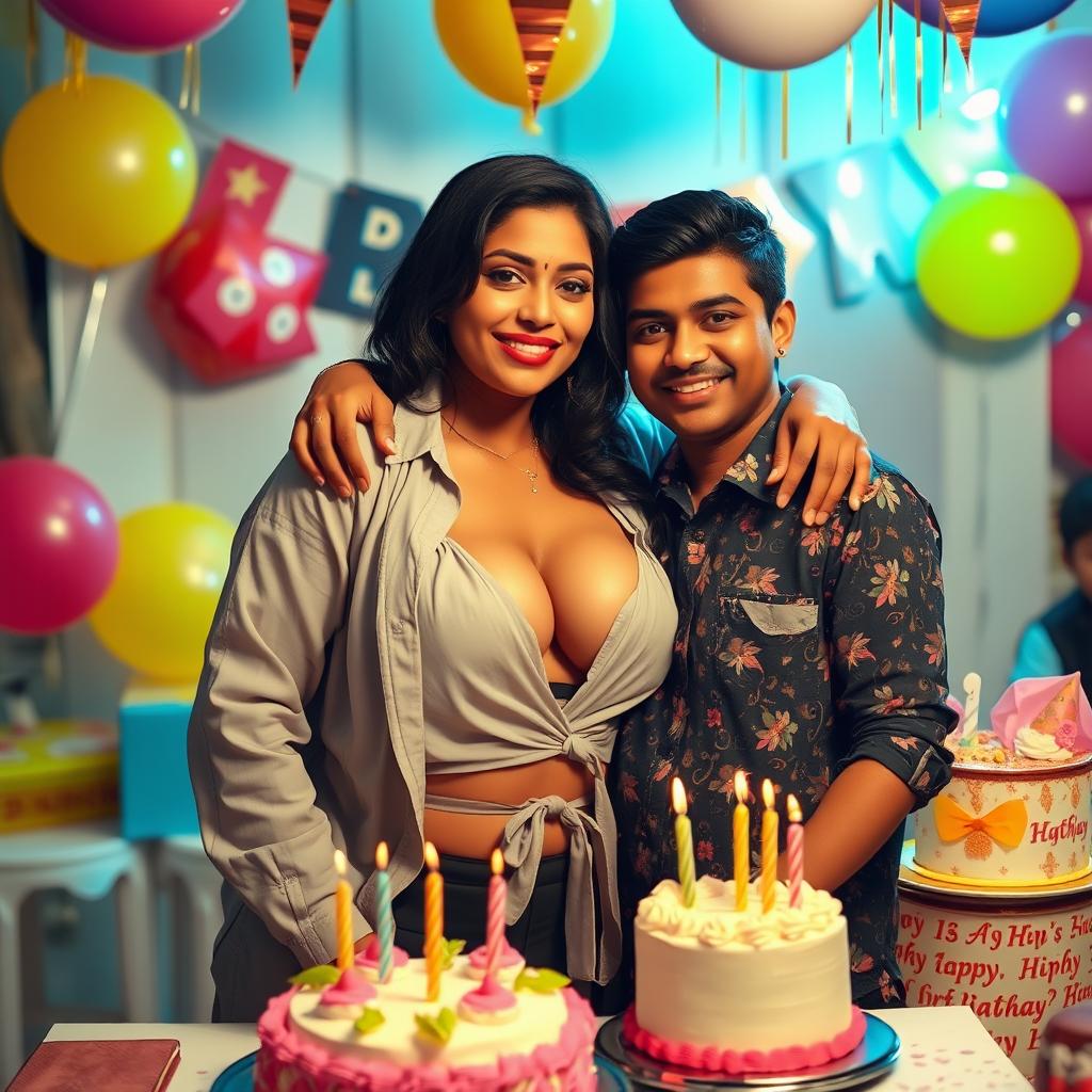 A captivating Indian model with a curvy figure and big breasts, confidently showcasing her big boobs and cleavage in a fashionable outfit
