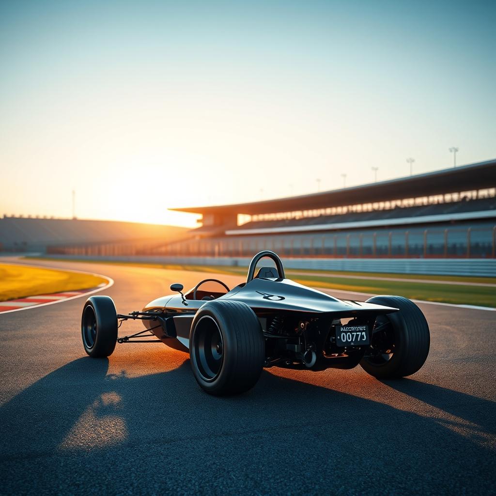A high-resolution, photorealistic image capturing a compact, open-wheel, single-seater racing car, reminiscent of the BAC Mono, positioned on a professional racing circuit at dawn