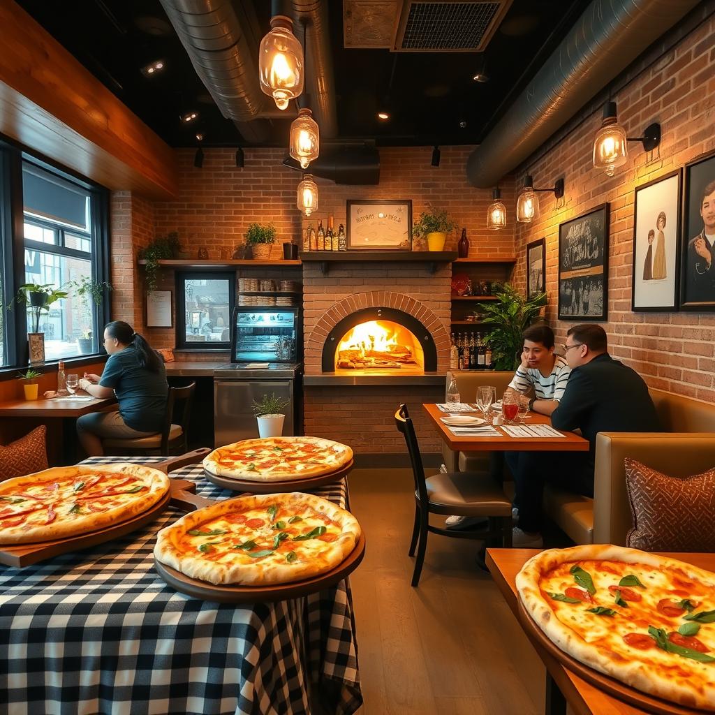 A modern and cozy pizzeria interior, featuring warm wooden accents, brick walls, and inviting dim lighting