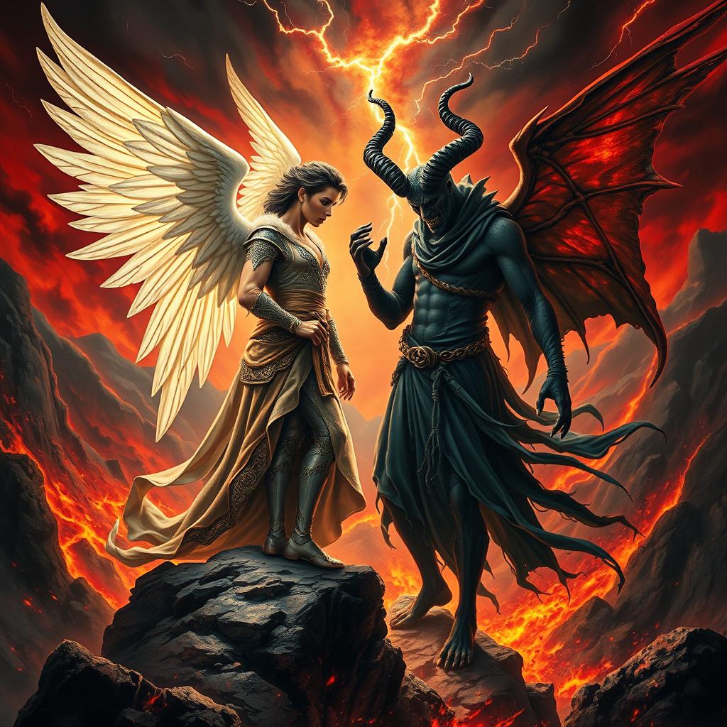 A dramatic and captivating depiction of Lucifer and Satan in a mythical landscape
