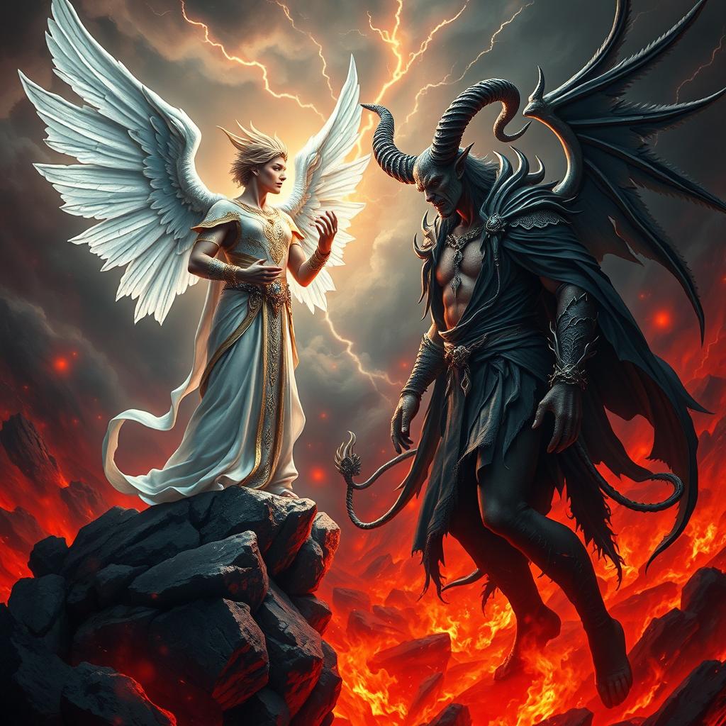 A dramatic and captivating depiction of Lucifer and Satan in a mythical landscape