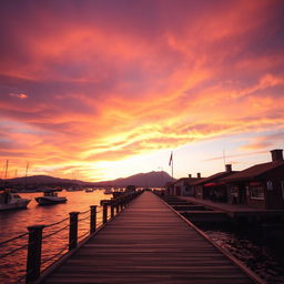 A picturesque view of a dock under a vibrant and colorful sky during sunset, with hues of orange, pink, and purple blending seamlessly together