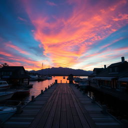 A picturesque view of a dock under a vibrant and colorful sky during sunset, with hues of orange, pink, and purple blending seamlessly together