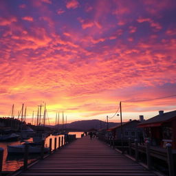 A picturesque view of a dock under a vibrant and colorful sky during sunset, with hues of orange, pink, and purple blending seamlessly together