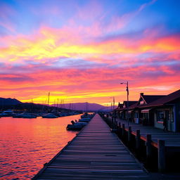 A picturesque view of a dock under a vibrant and colorful sky during sunset, with hues of orange, pink, and purple blending seamlessly together