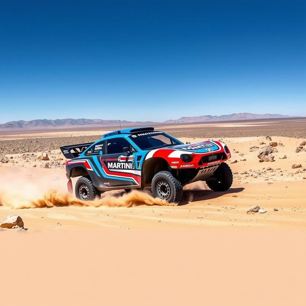 A thrilling scene featuring a sporty Martini Racing car participating in an intense off-road raid
