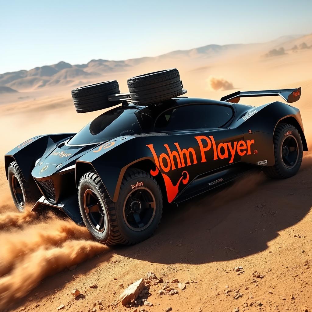 A striking and futuristic black sports car designed for a raid, featuring two prominent wheels mounted on the roof
