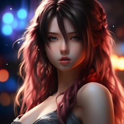 Enhance the beauty of the Final Fantasy style anime woman. Ensure she is breathtakingly beautiful within the ultra-detailed, 32k resolution image. Maintain dark and light color tones accompanied by a stunning bokeh effect for added allure.