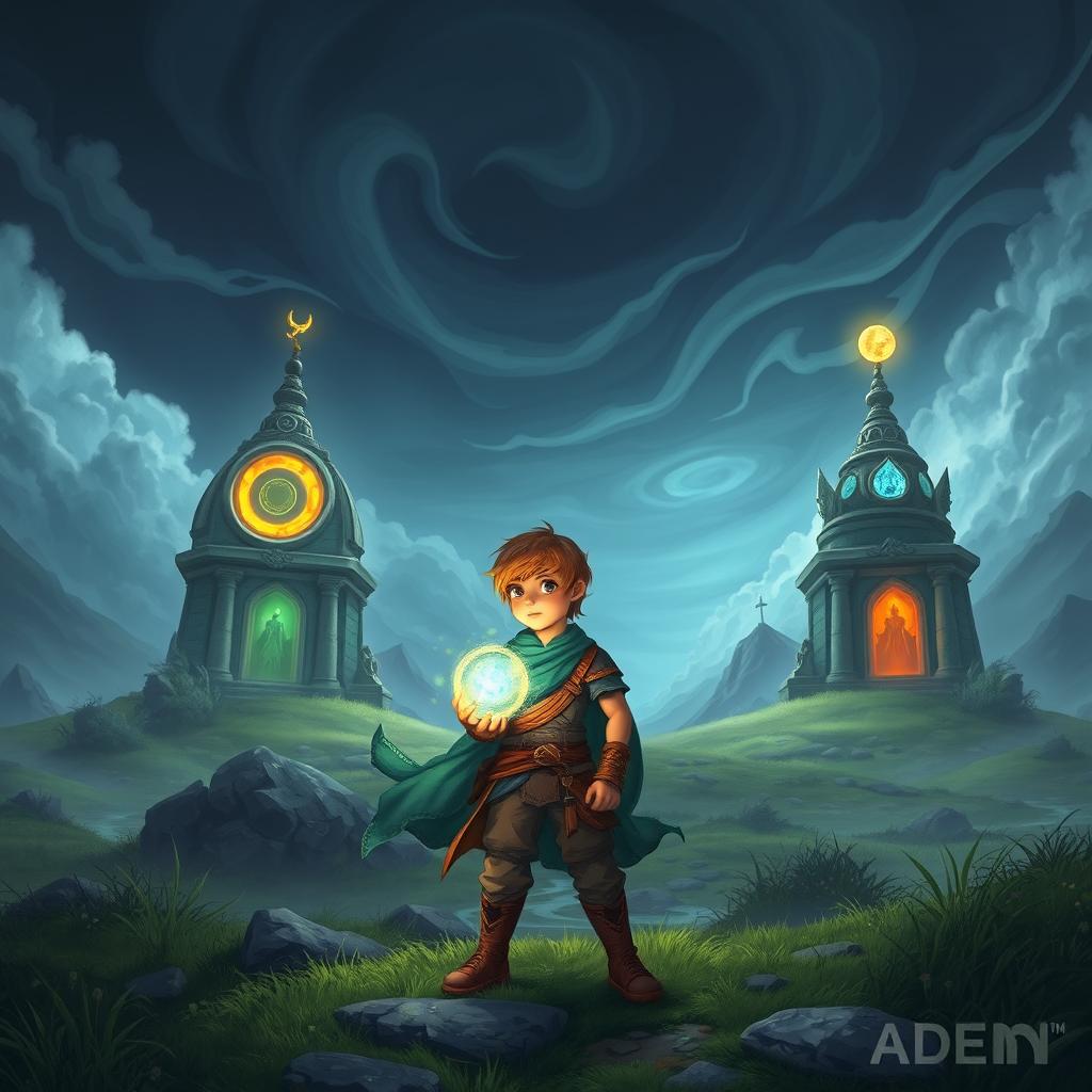 A young boy named Aden standing heroically in a mystical landscape, holding a glowing elemental gurdstone, with three ancient shrines in the background, each radiating energy and guarded by powerful elemental guardians representing earth, water, and fire