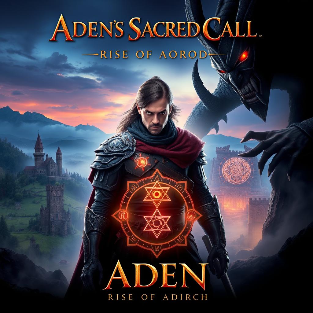 A captivating movie poster for 'Adens Sacred Call: Rise Of Aden', featuring the heroic character Aden prominently in the center, showcasing his determined expression and mystical attire, with glowing symbols around him
