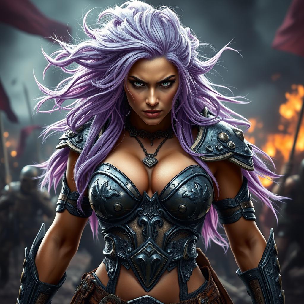 A full-body shot of a fierce armored warrior woman, depicted in high quality and photo-realistic detail