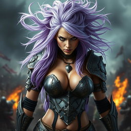 A full-body shot of a fierce armored warrior woman, depicted in high quality and photo-realistic detail