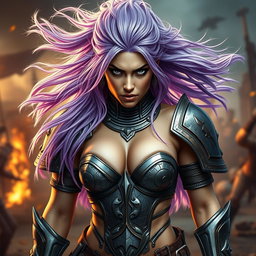 A full-body shot of a fierce armored warrior woman, depicted in high quality and photo-realistic detail