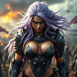A full-body shot of a fierce armored warrior woman, depicted in high quality and photo-realistic detail