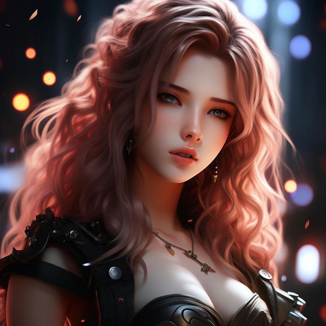 Enhance the beauty of the Final Fantasy style anime woman. Ensure she is breathtakingly beautiful within the ultra-detailed, 32k resolution image. Maintain dark and light color tones accompanied by a stunning bokeh effect for added allure.