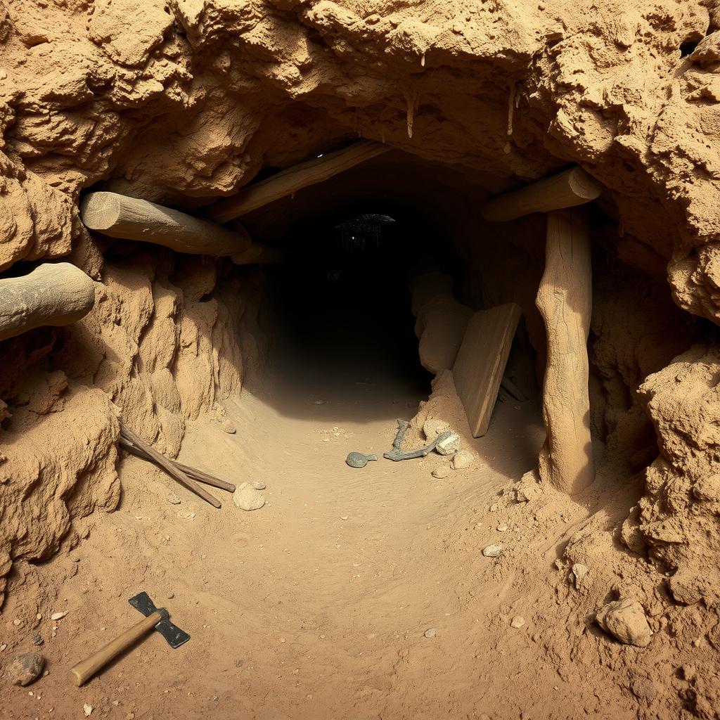 A primitive hand-dug mine shaft, showing rough-hewn walls of dirt and rock, with wooden timbers supporting the entrance