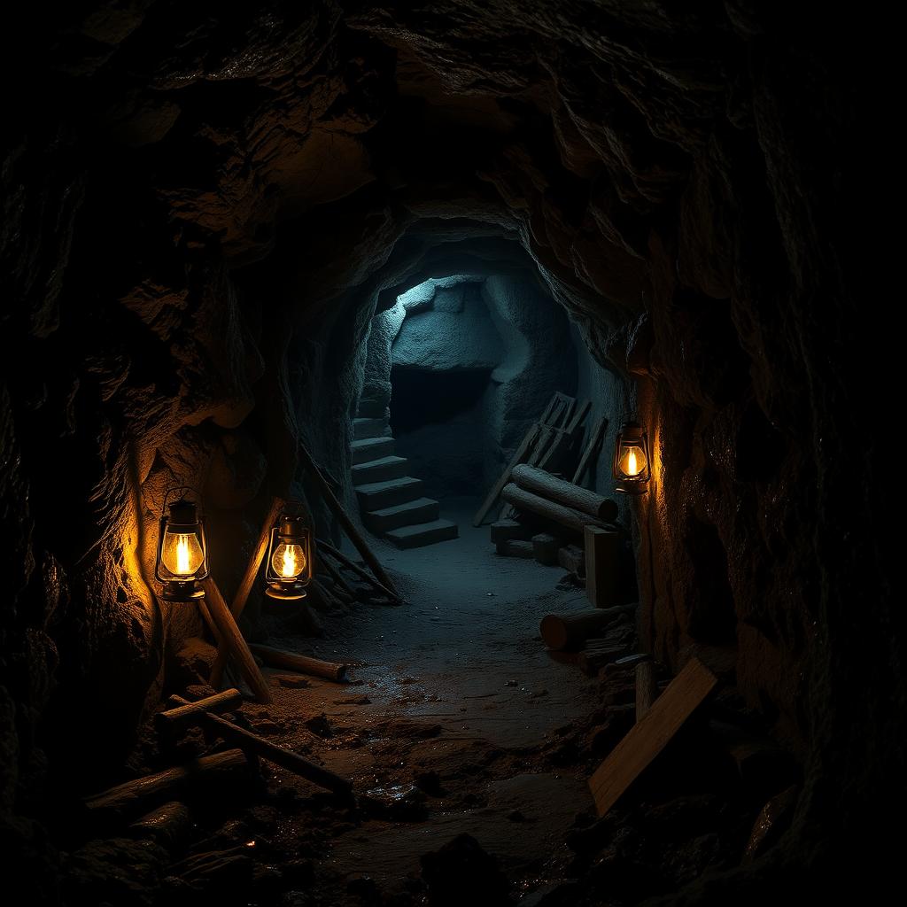 A dark hand-dug mine shaft interior, showcasing rough, uneven walls, illuminated by flickering lanterns casting shadows