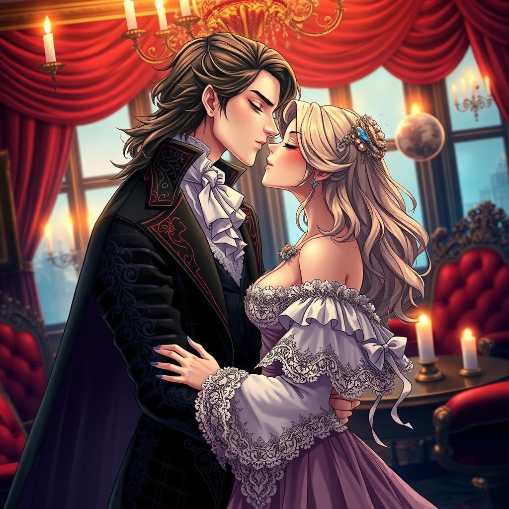 A beautifully detailed romantic scene featuring two lovers in a Victorian era setting