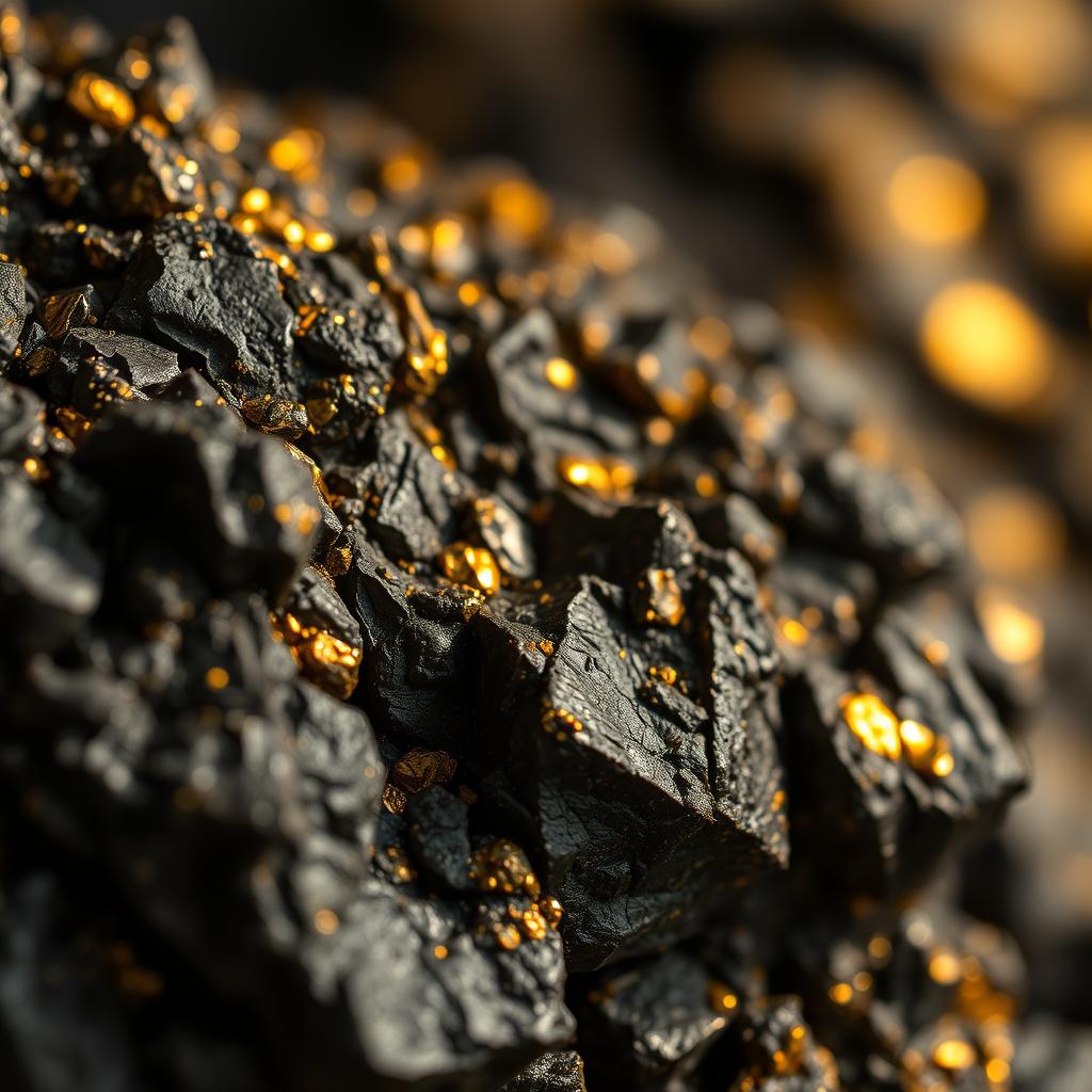 A stunning close-up of dark gold ore, showcasing its rich, deep colors and intricate textures