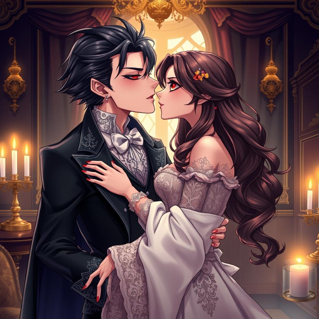 An enchanting illustration of two lovers in a Victorian era setting, captured in a stunning anime art style