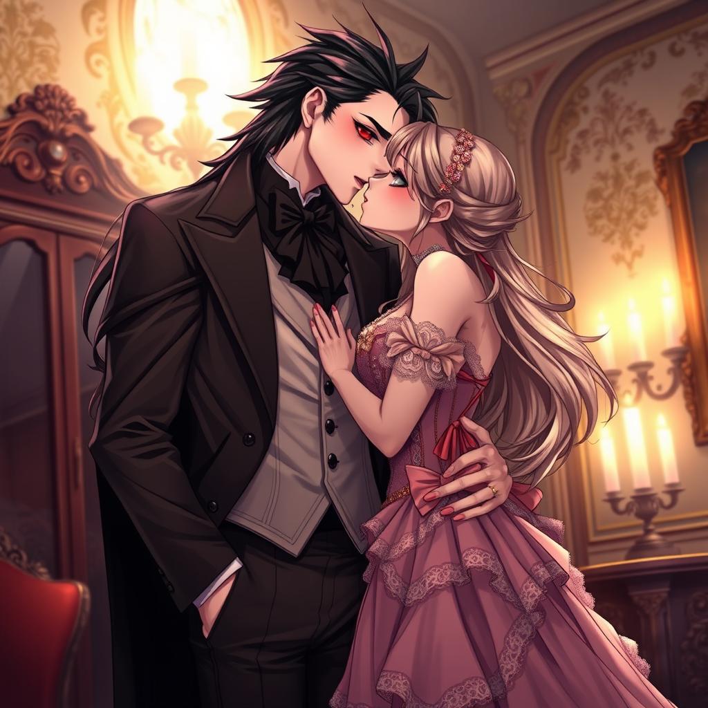 A captivating illustration of two lovers in a Victorian era setting, captured in an exquisite anime art style