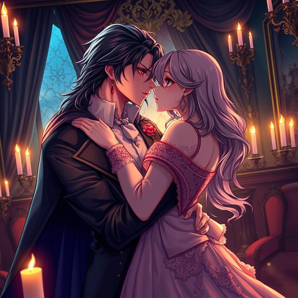 A mesmerizing scene depicting two lovers in a Victorian era setting, illustrated in a stunning anime art style