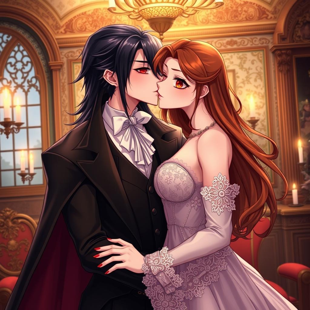 A romantic scene featuring two lovers in a Victorian era setting, beautifully illustrated in an anime art style